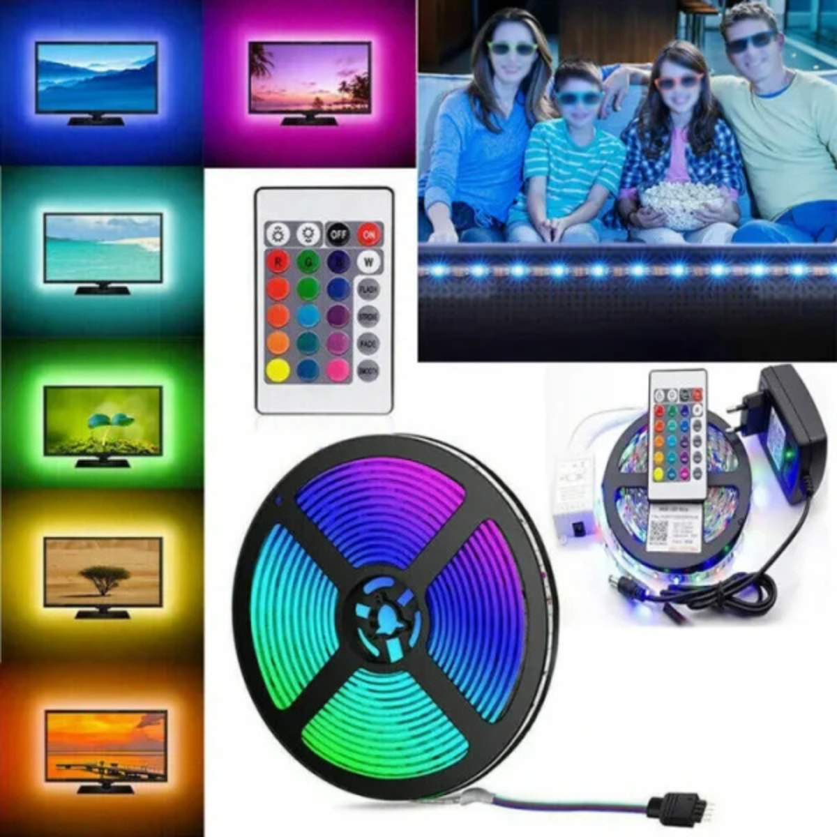 New Rgb Led Strip 5 Meter Top Quality With Remote And 12v Power Supply (multicolor)